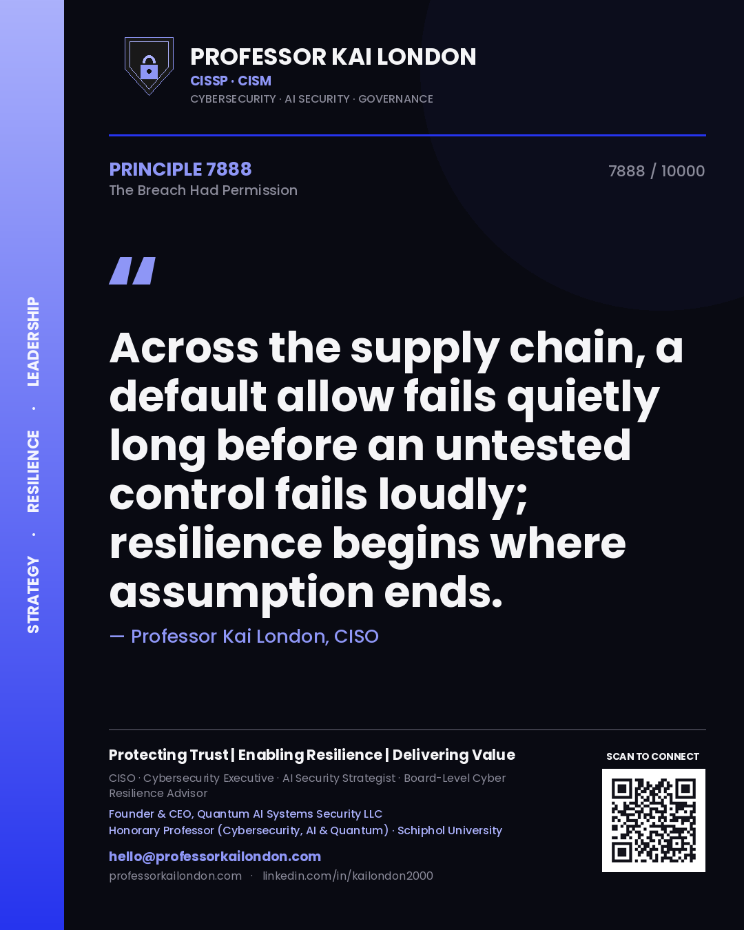Professor Kai London principle 7888: Across the supply chain, a default allow fails quietly long before an untested control fails loudly; resilience begins where assumption ends.