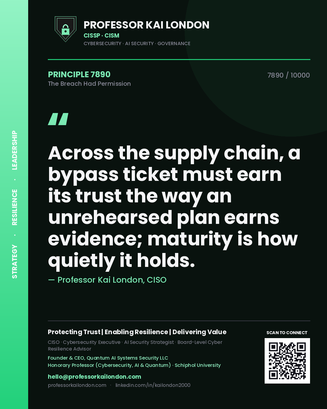 Quote card by Professor Kai London reading 'Across the supply chain, a bypass ticket must earn its trust the way an unrehearsed plan earns evidence; maturity is how quietly it holds.'. From the book The Breach Had Permission.