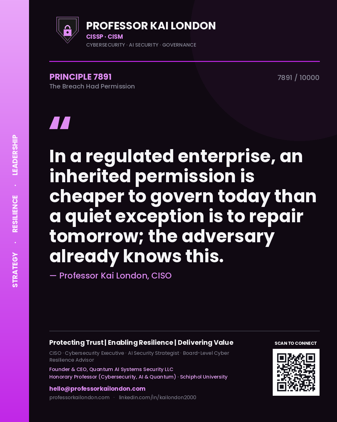 Quote card by Professor Kai London reading 'In a regulated enterprise, an inherited permission is cheaper to govern today than a quiet exception is to repair tomorrow; the adversary already knows this.'. From the book The Breach Had Permission.