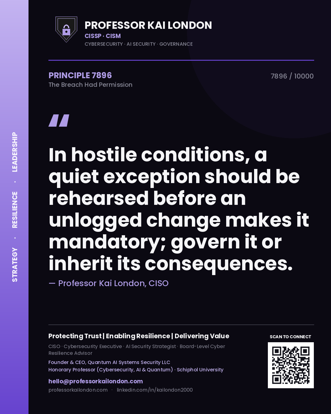 Professor Kai London principle 7896: In hostile conditions, a quiet exception should be rehearsed before an unlogged change makes it mandatory; govern it or inherit its consequences.
