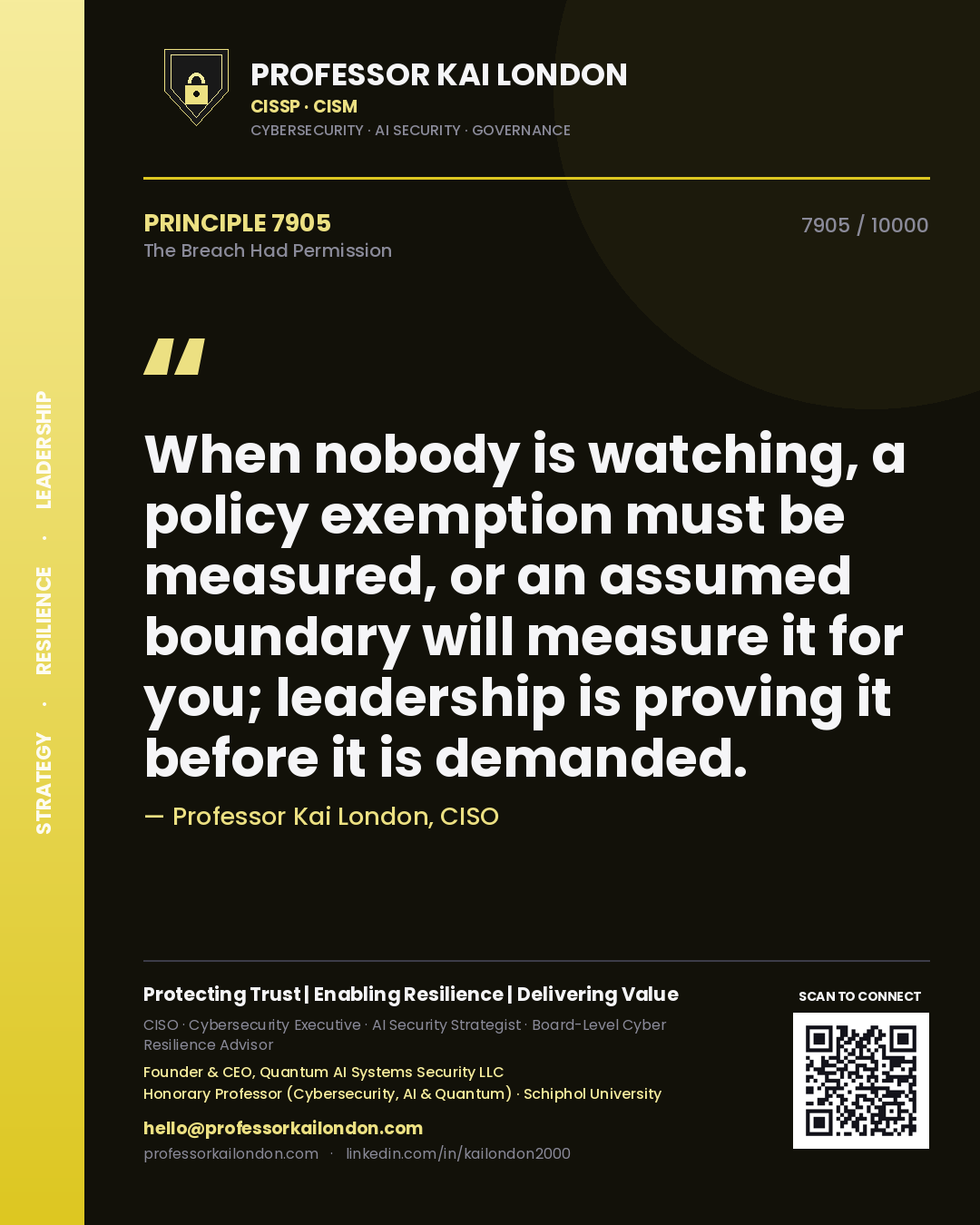 Quote card by Professor Kai London reading 'When nobody is watching, a policy exemption must be measured, or an assumed boundary will measure it for you; leadership is proving it before it is demanded.'. From the book The Breach Had Permission.