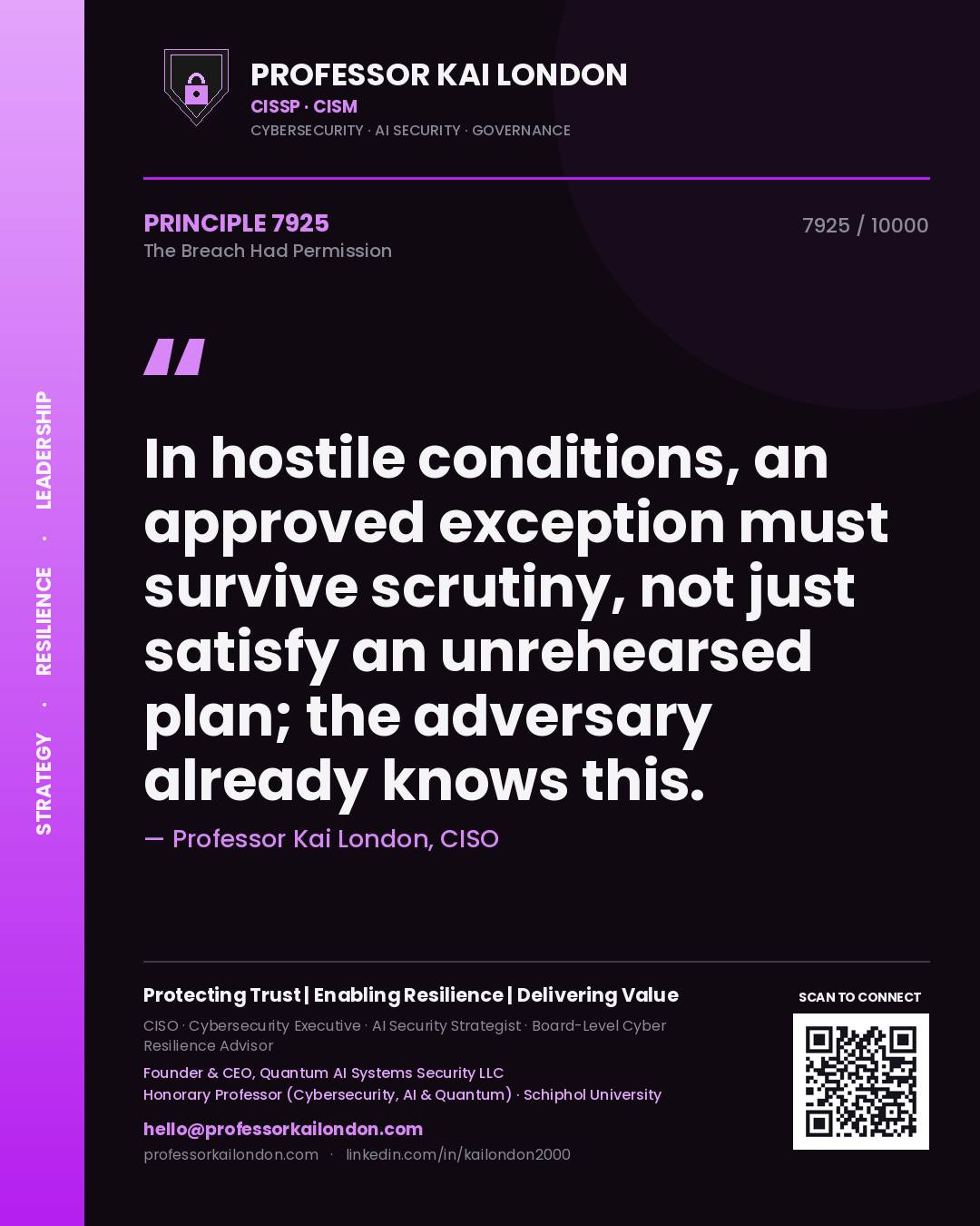 Professor Kai London principle 7925: In hostile conditions, an approved exception must survive scrutiny, not just satisfy an unrehearsed plan; the adversary already knows this.
