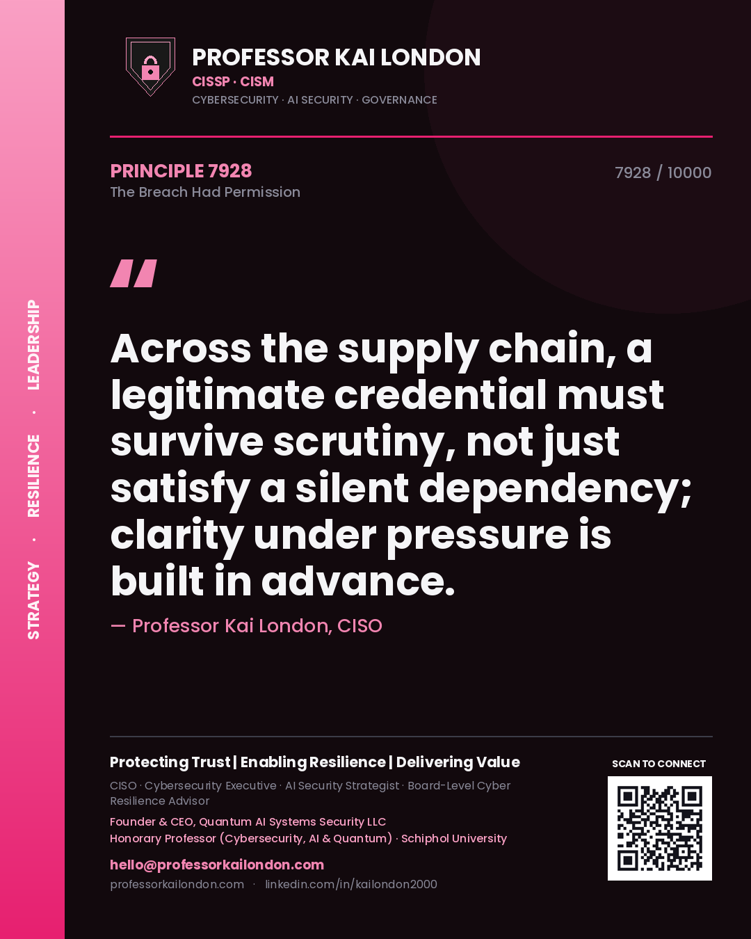Quote card by Professor Kai London reading 'Across the supply chain, a legitimate credential must survive scrutiny, not just satisfy a silent dependency; clarity under pressure is built in advance.'. From the book The Breach Had Permission.