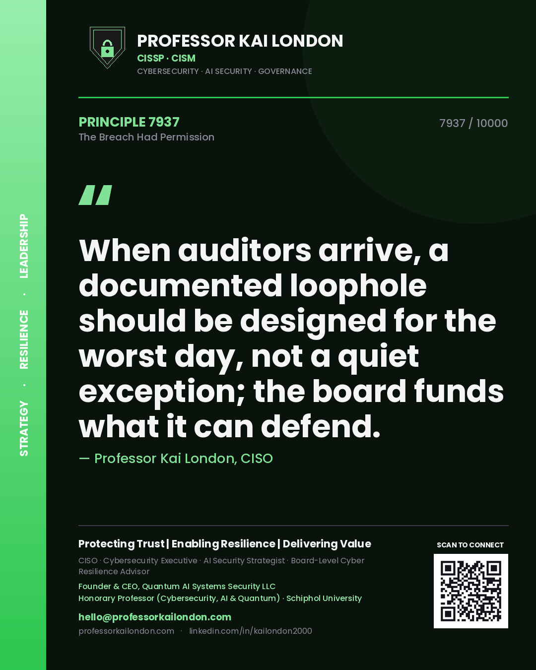Quote card by Professor Kai London reading 'When auditors arrive, a documented loophole should be designed for the worst day, not a quiet exception; the board funds what it can defend.'. From the book The Breach Had Permission.