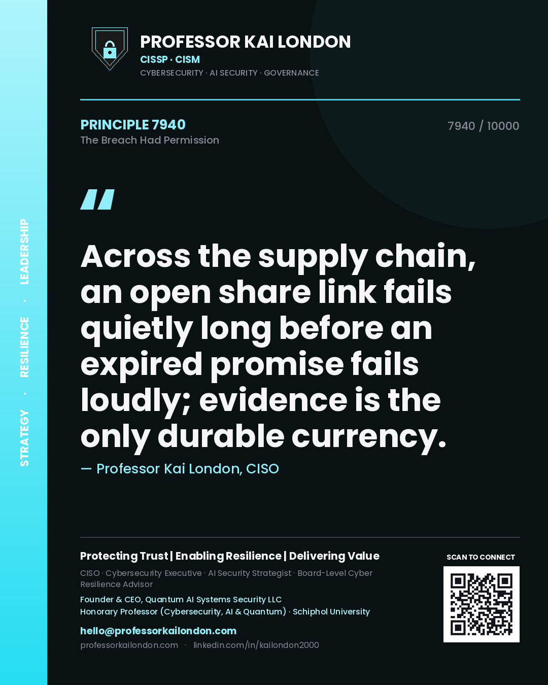 Quote card by Professor Kai London reading 'Across the supply chain, an open share link fails quietly long before an expired promise fails loudly; evidence is the only durable currency.'. From the book The Breach Had Permission.