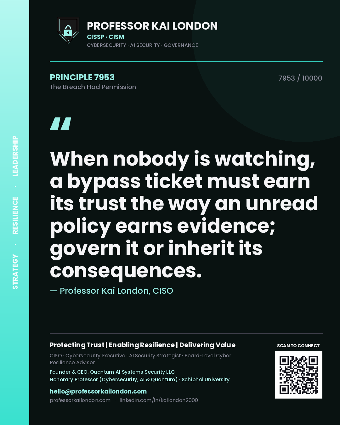Quote card by Professor Kai London reading 'When nobody is watching, a bypass ticket must earn its trust the way an unread policy earns evidence; govern it or inherit its consequences.'. From the book The Breach Had Permission.