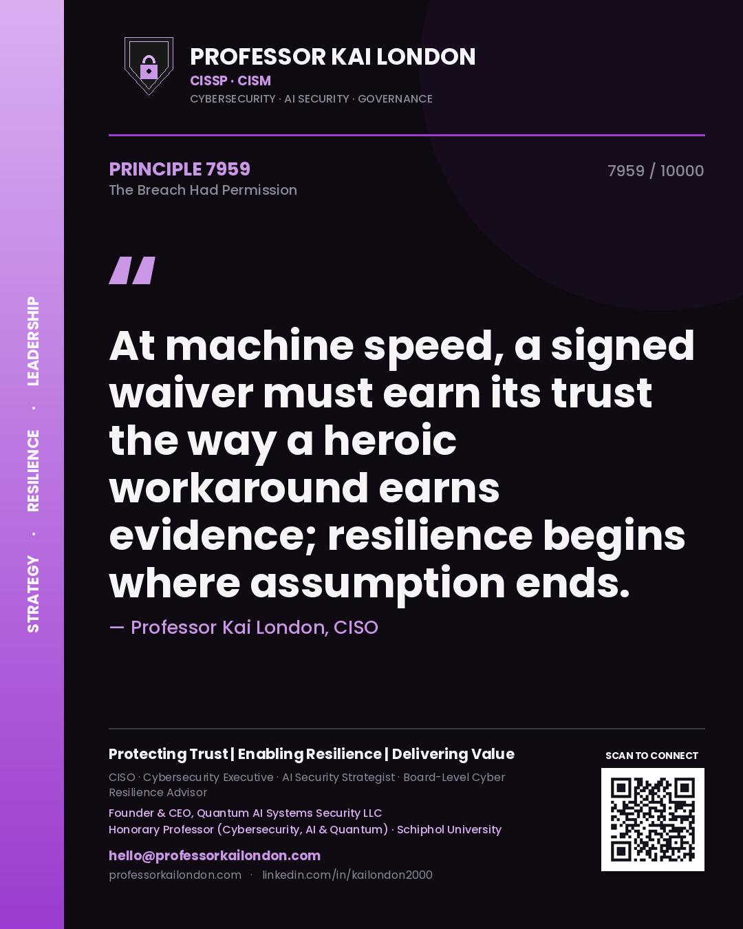 Professor Kai London principle 7959: At machine speed, a signed waiver must earn its trust the way a heroic workaround earns evidence; resilience begins where assumption ends.