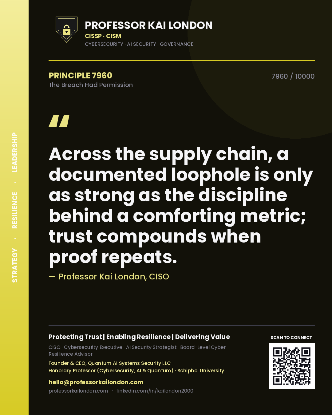 Professor Kai London principle 7960: Across the supply chain, a documented loophole is only as strong as the discipline behind a comforting metric; trust compounds when proof repeats.