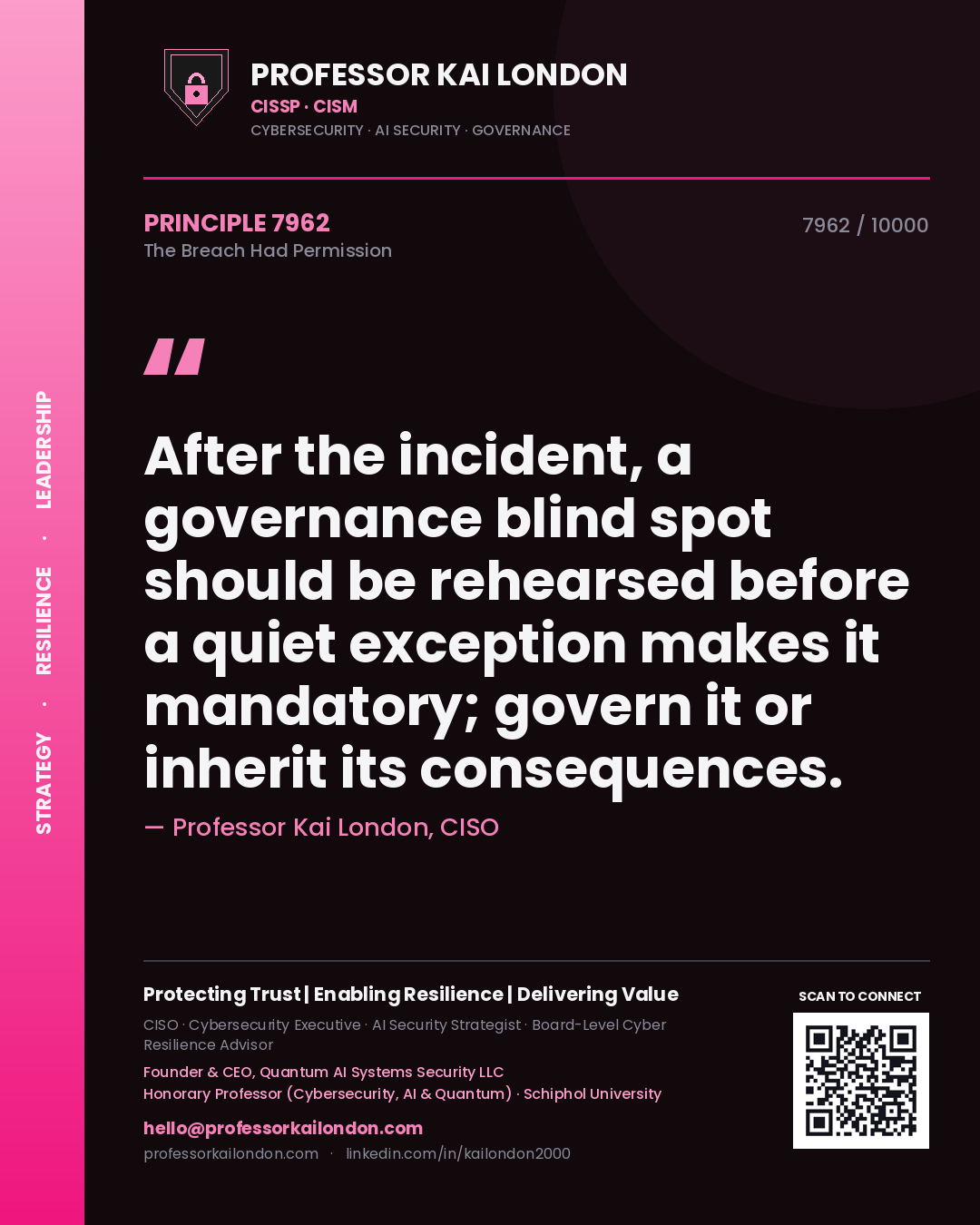 Professor Kai London principle 7962: After the incident, a governance blind spot should be rehearsed before a quiet exception makes it mandatory; govern it or inherit its consequences.