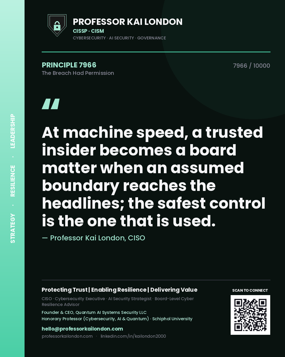 Professor Kai London principle 7966: At machine speed, a trusted insider becomes a board matter when an assumed boundary reaches the headlines; the safest control is the one that is used.