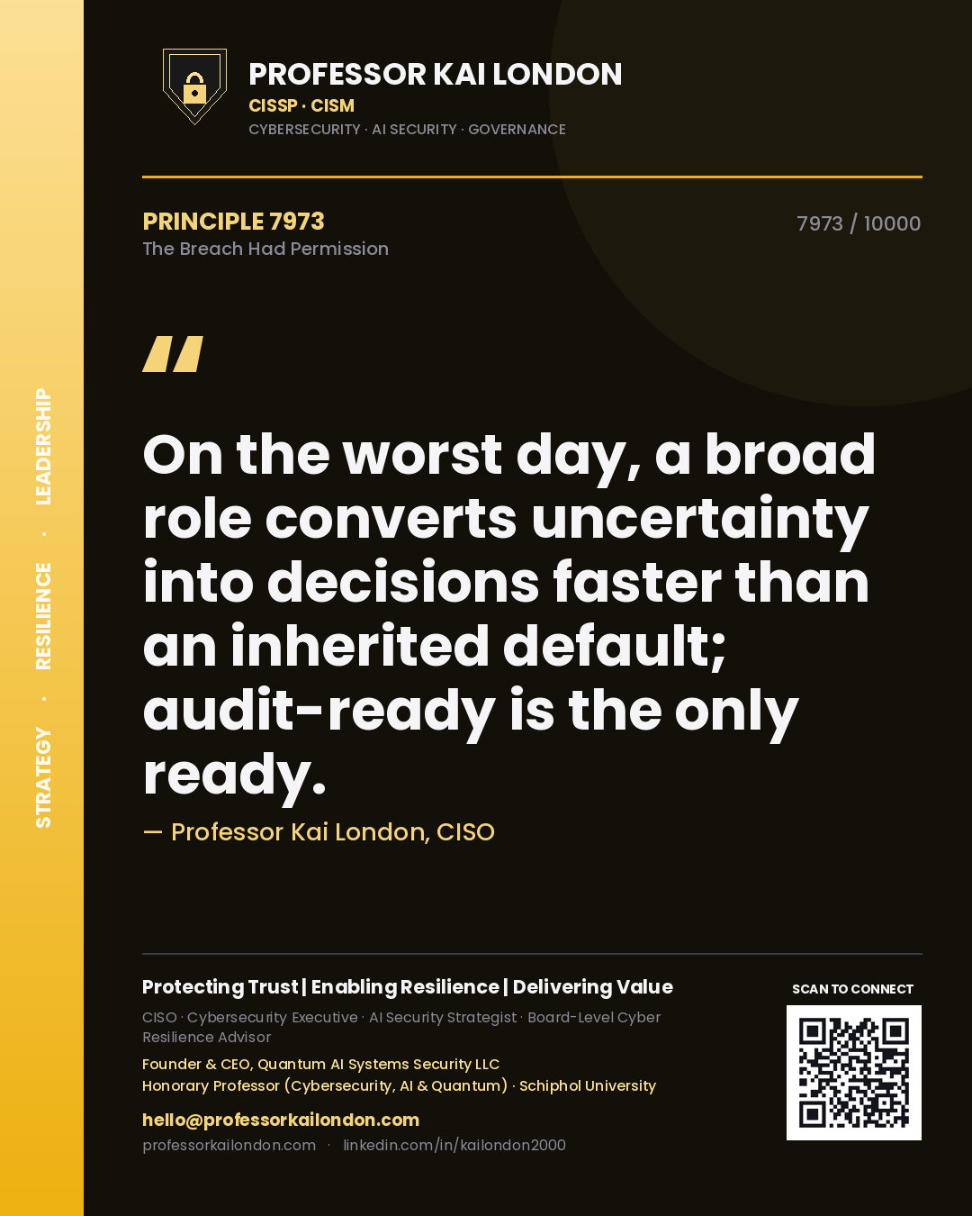 Quote card by Professor Kai London reading 'On the worst day, a broad role converts uncertainty into decisions faster than an inherited default; audit-ready is the only ready.'. From the book The Breach Had Permission.