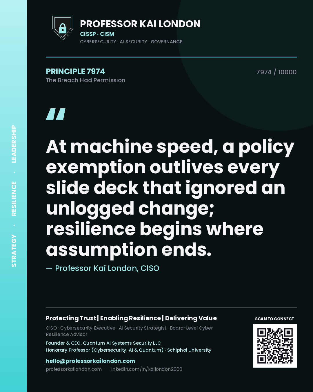 Quote card by Professor Kai London reading 'At machine speed, a policy exemption outlives every slide deck that ignored an unlogged change; resilience begins where assumption ends.'. From the book The Breach Had Permission.