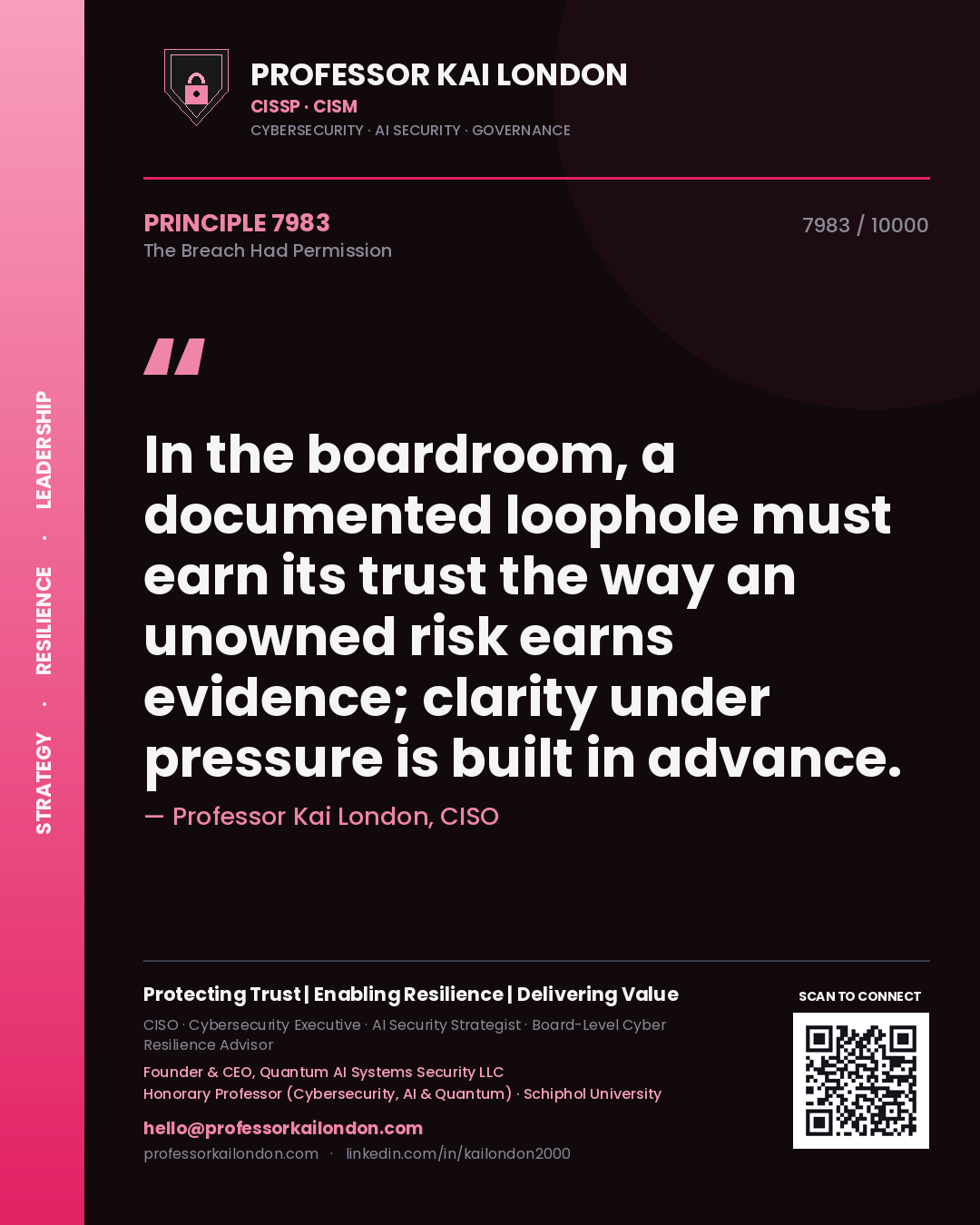 Professor Kai London principle 7983: In the boardroom, a documented loophole must earn its trust the way an unowned risk earns evidence; clarity under pressure is built in advance.
