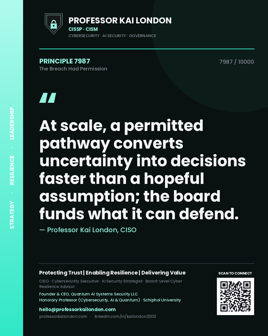 Quote card by Professor Kai London reading 'At scale, a permitted pathway converts uncertainty into decisions faster than a hopeful assumption; the board funds what it can defend.'. From the book The Breach Had Permission.