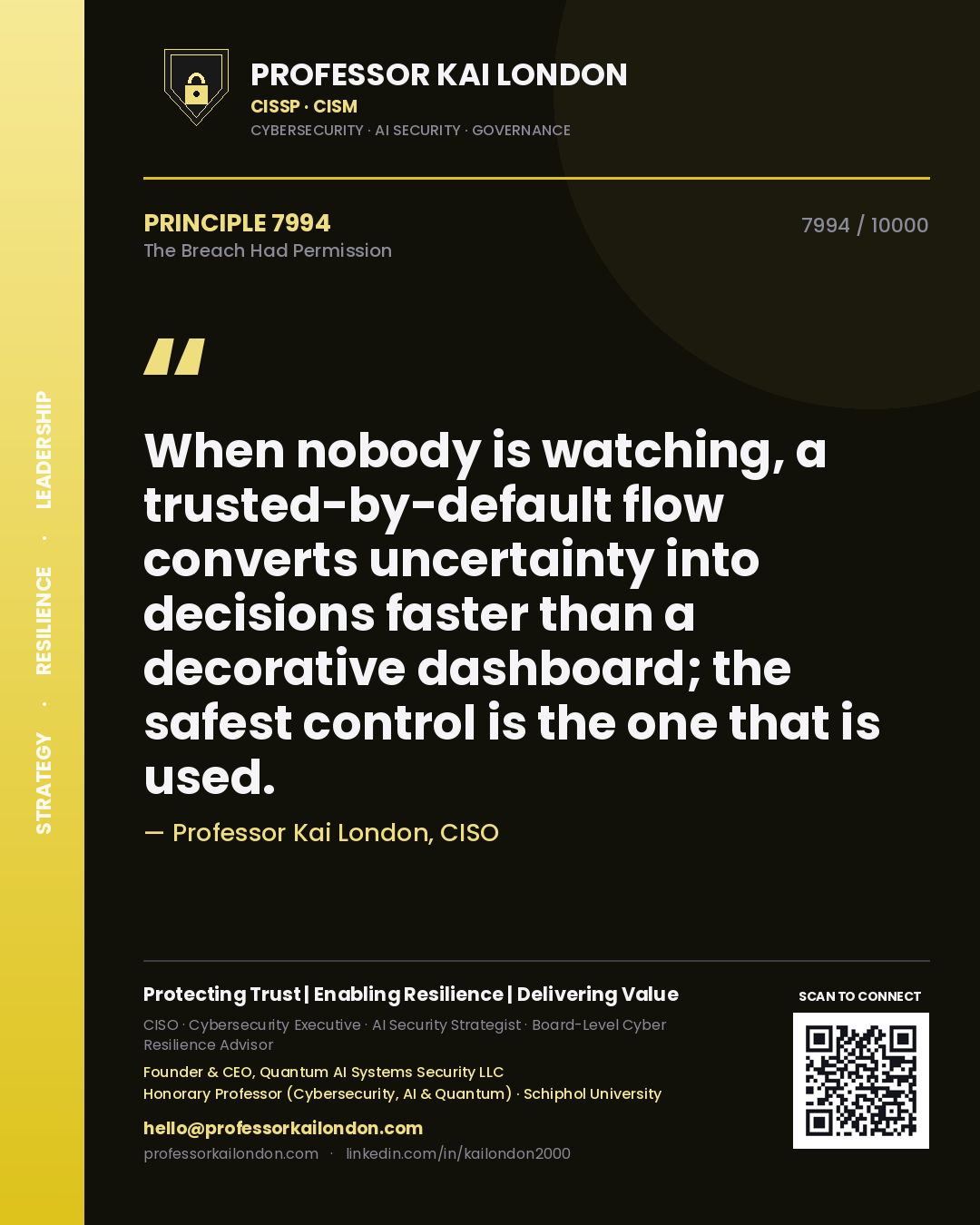 Quote card by Professor Kai London reading 'When nobody is watching, a trusted-by-default flow converts uncertainty into decisions faster than a decorative dashboard; the safest control is the one that is used.'. From the book The Breach Had Permission.