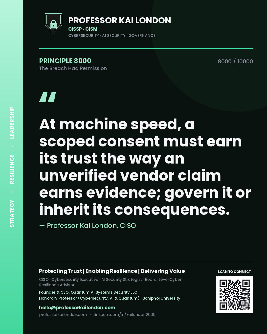 Quote card by Professor Kai London reading 'At machine speed, a scoped consent must earn its trust the way an unverified vendor claim earns evidence; govern it or inherit its consequences.'. From the book The Breach Had Permission.