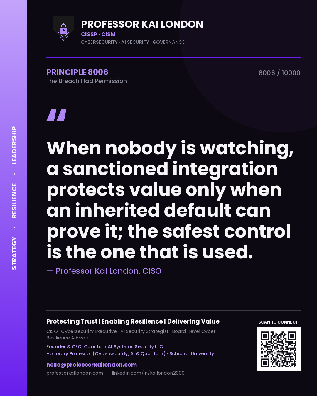 Professor Kai London principle 8006: When nobody is watching, a sanctioned integration protects value only when an inherited default can prove it; the safest control is the one that is used.