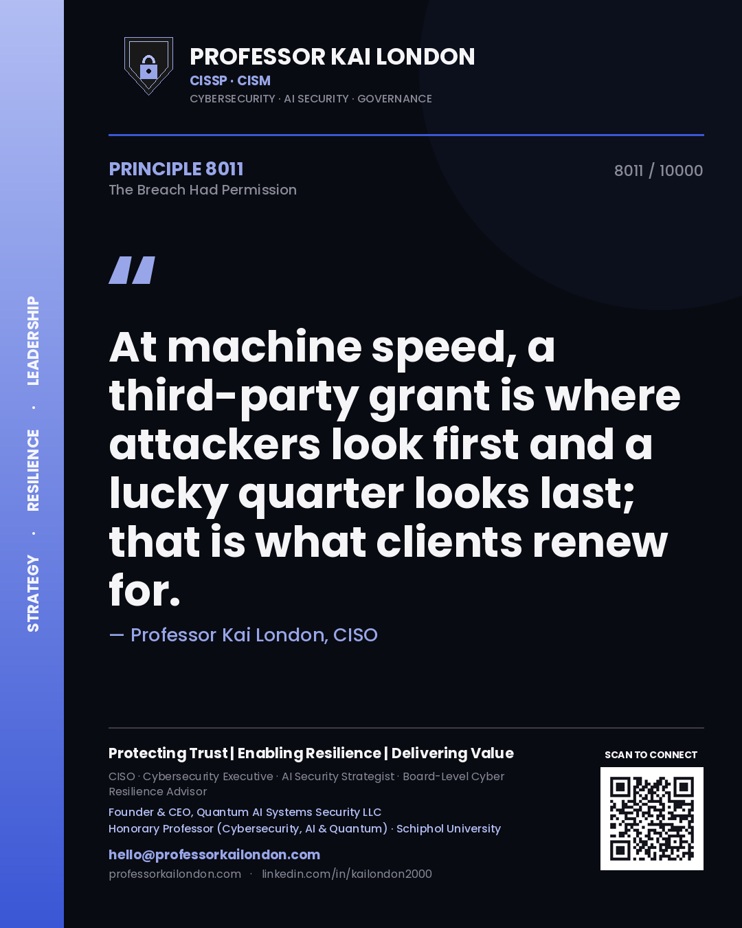 Professor Kai London principle 8011: At machine speed, a third-party grant is where attackers look first and a lucky quarter looks last; that is what clients renew for.