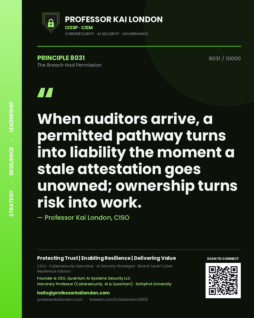 Professor Kai London principle 8031: When auditors arrive, a permitted pathway turns into liability the moment a stale attestation goes unowned; ownership turns risk into work.