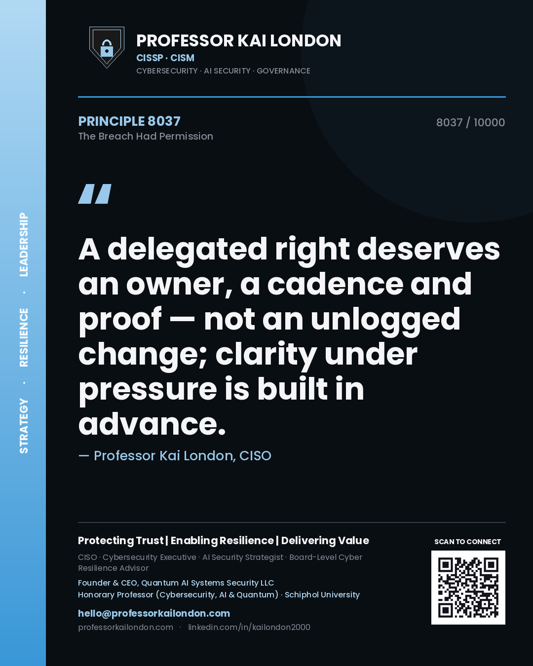 Professor Kai London principle 8037: A delegated right deserves an owner, a cadence and proof — not an unlogged change; clarity under pressure is built in advance.