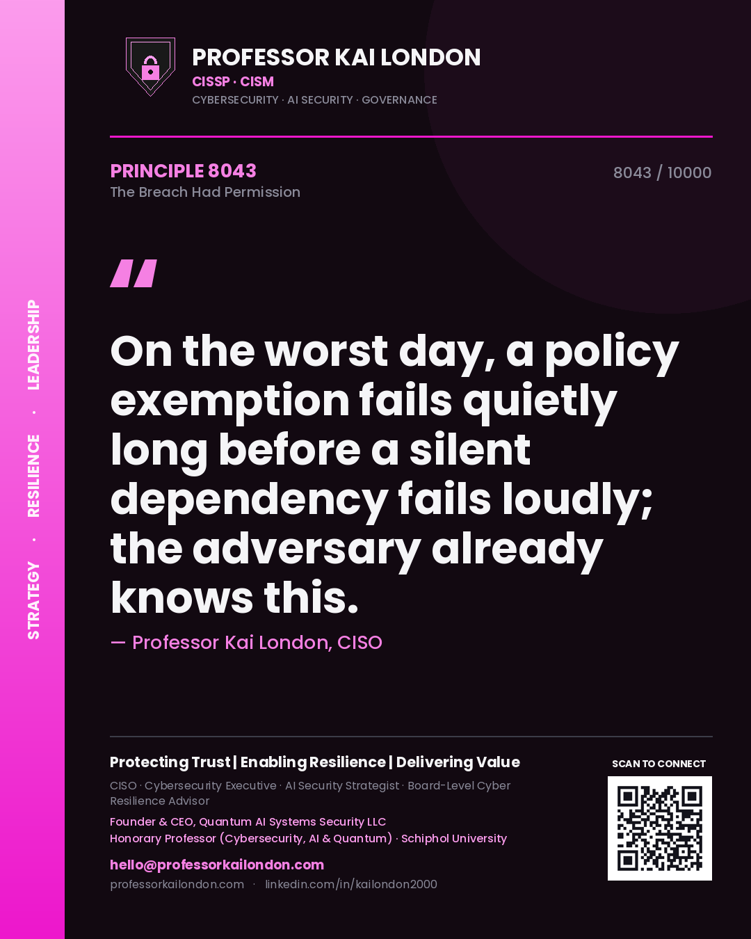 Quote card by Professor Kai London reading 'On the worst day, a policy exemption fails quietly long before a silent dependency fails loudly; the adversary already knows this.'. From the book The Breach Had Permission.