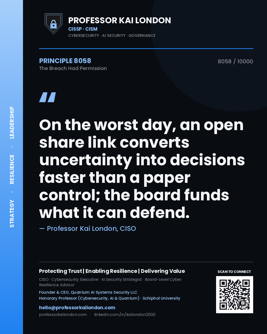 Quote card by Professor Kai London reading 'On the worst day, an open share link converts uncertainty into decisions faster than a paper control; the board funds what it can defend.'. From the book The Breach Had Permission.