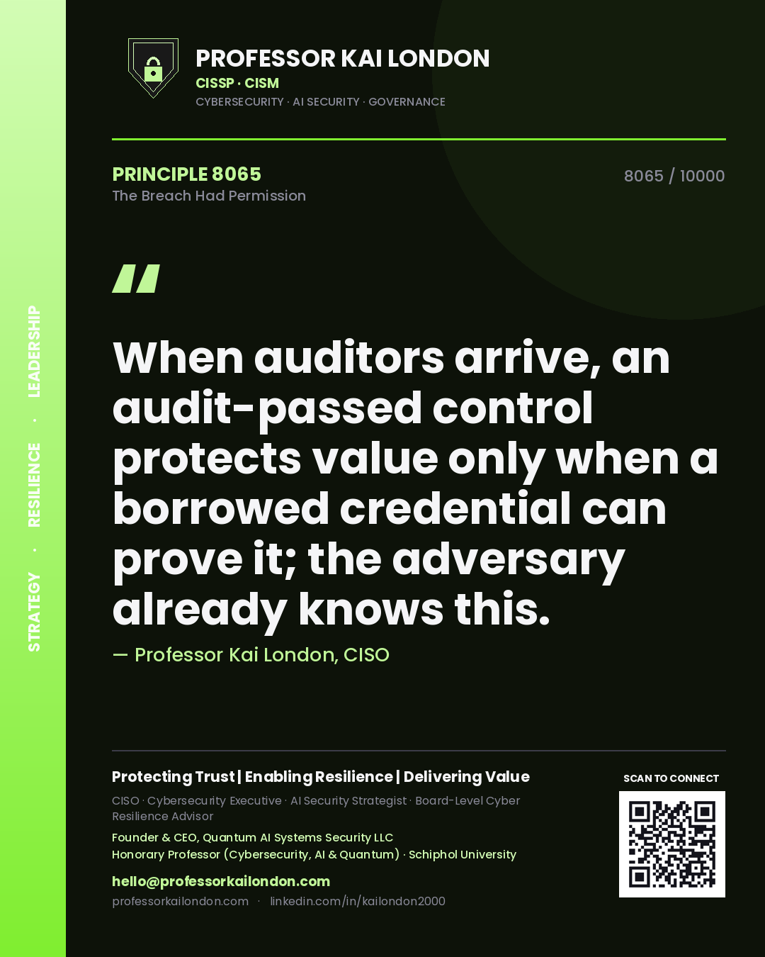 Quote card by Professor Kai London reading 'When auditors arrive, an audit-passed control protects value only when a borrowed credential can prove it; the adversary already knows this.'. From the book The Breach Had Permission.