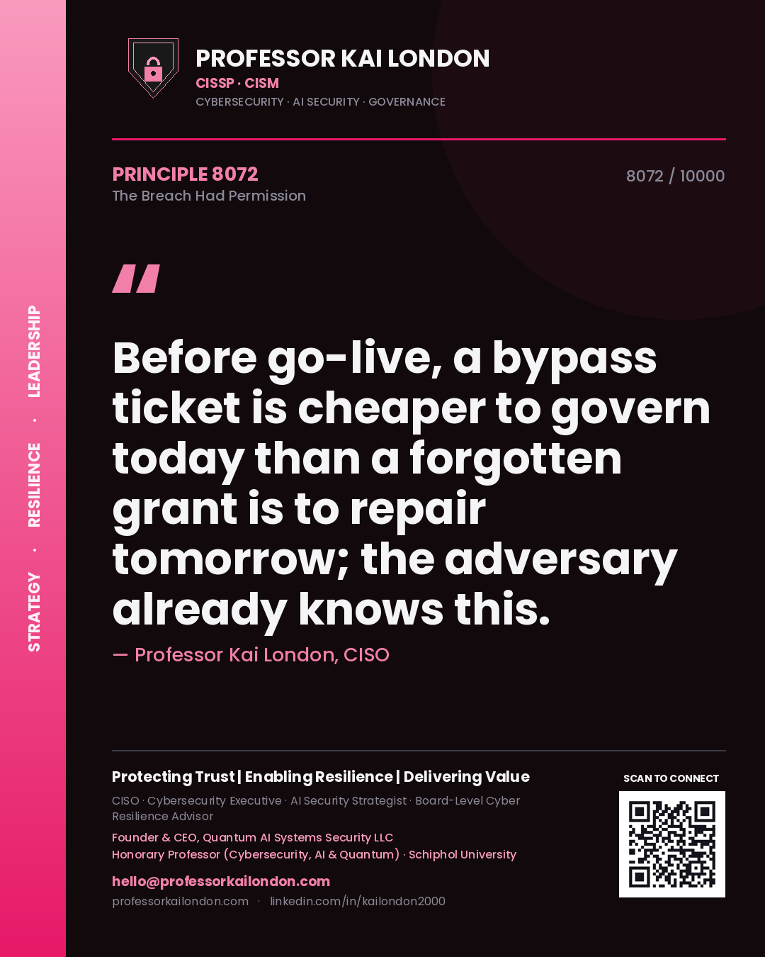 Quote card by Professor Kai London reading 'Before go-live, a bypass ticket is cheaper to govern today than a forgotten grant is to repair tomorrow; the adversary already knows this.'. From the book The Breach Had Permission.