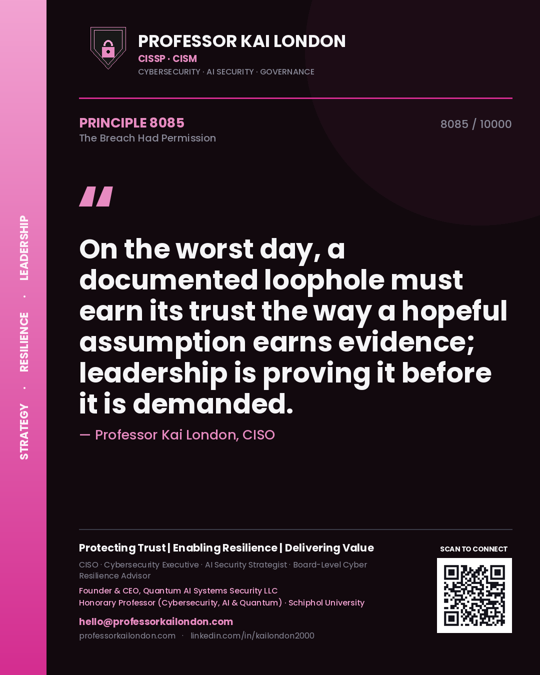 Quote card by Professor Kai London reading 'On the worst day, a documented loophole must earn its trust the way a hopeful assumption earns evidence; leadership is proving it before it is demanded.'. From the book The Breach Had Permission.