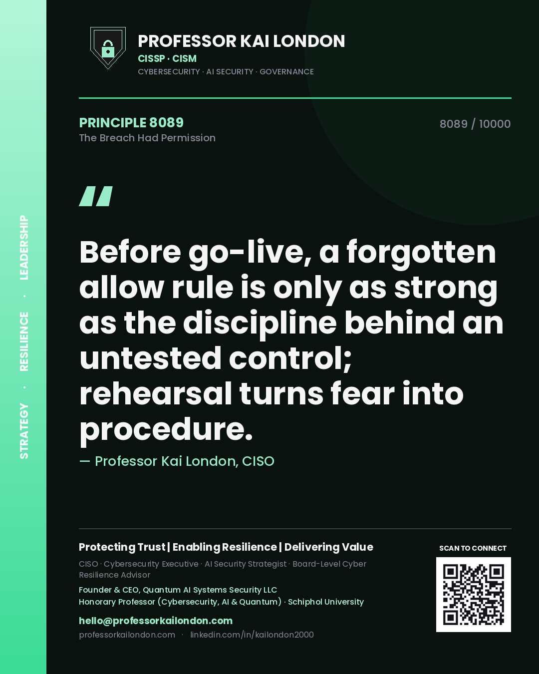 Quote card by Professor Kai London reading 'Before go-live, a forgotten allow rule is only as strong as the discipline behind an untested control; rehearsal turns fear into procedure.'. From the book The Breach Had Permission.
