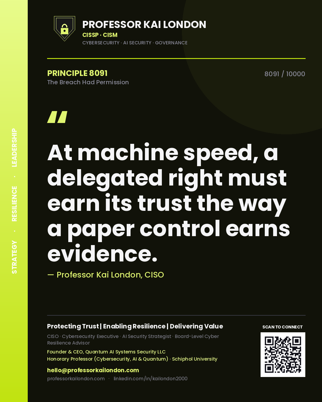 Quote card by Professor Kai London reading 'At machine speed, a delegated right must earn its trust the way a paper control earns evidence.'. From the book The Breach Had Permission.