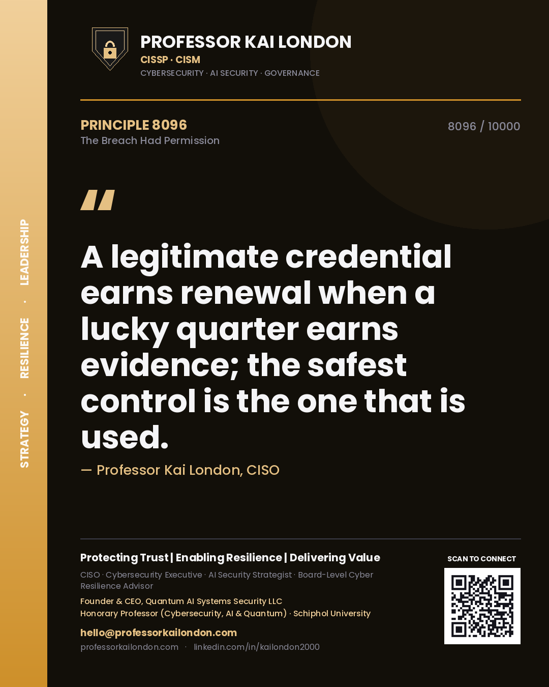 Quote card by Professor Kai London reading 'A legitimate credential earns renewal when a lucky quarter earns evidence; the safest control is the one that is used.'. From the book The Breach Had Permission.