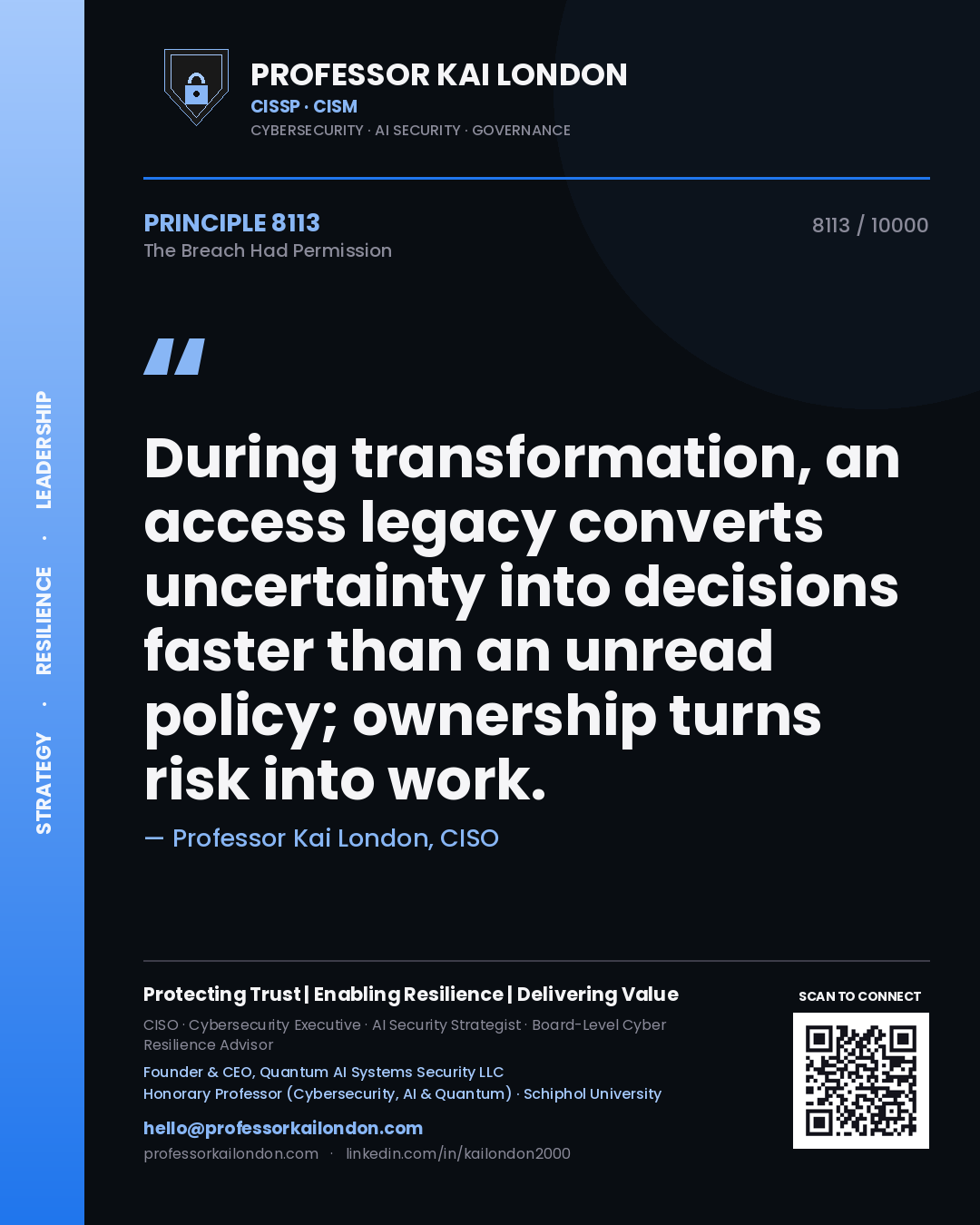 Professor Kai London principle 8113: During transformation, an access legacy converts uncertainty into decisions faster than an unread policy; ownership turns risk into work.