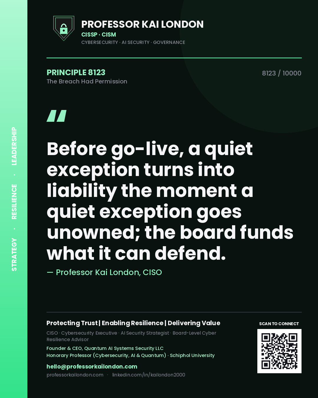 Quote card by Professor Kai London reading 'Before go-live, a quiet exception turns into liability the moment a quiet exception goes unowned; the board funds what it can defend.'. From the book The Breach Had Permission.