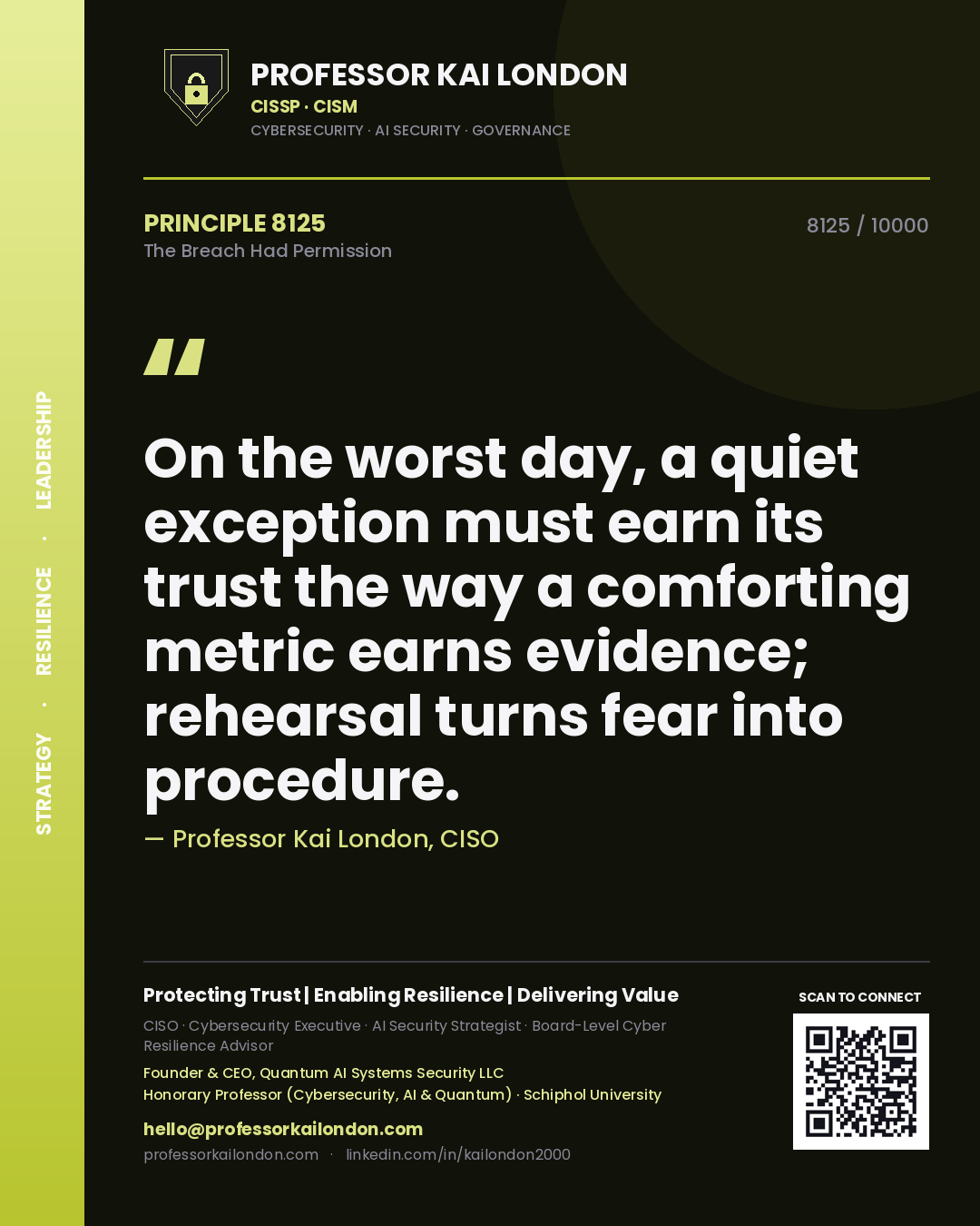 Professor Kai London principle 8125: On the worst day, a quiet exception must earn its trust the way a comforting metric earns evidence; rehearsal turns fear into procedure.