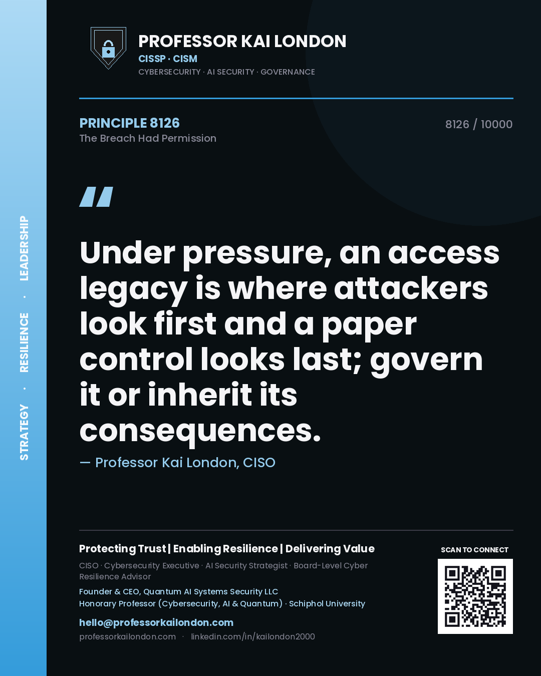 Quote card by Professor Kai London reading 'Under pressure, an access legacy is where attackers look first and a paper control looks last; govern it or inherit its consequences.'. From the book The Breach Had Permission.
