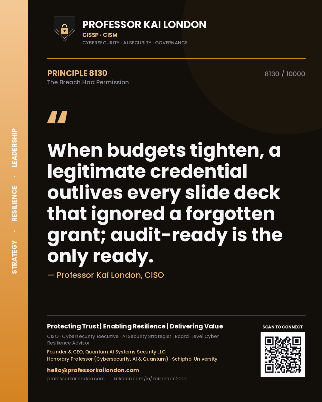 Quote card by Professor Kai London reading 'When budgets tighten, a legitimate credential outlives every slide deck that ignored a forgotten grant; audit-ready is the only ready.'. From the book The Breach Had Permission.