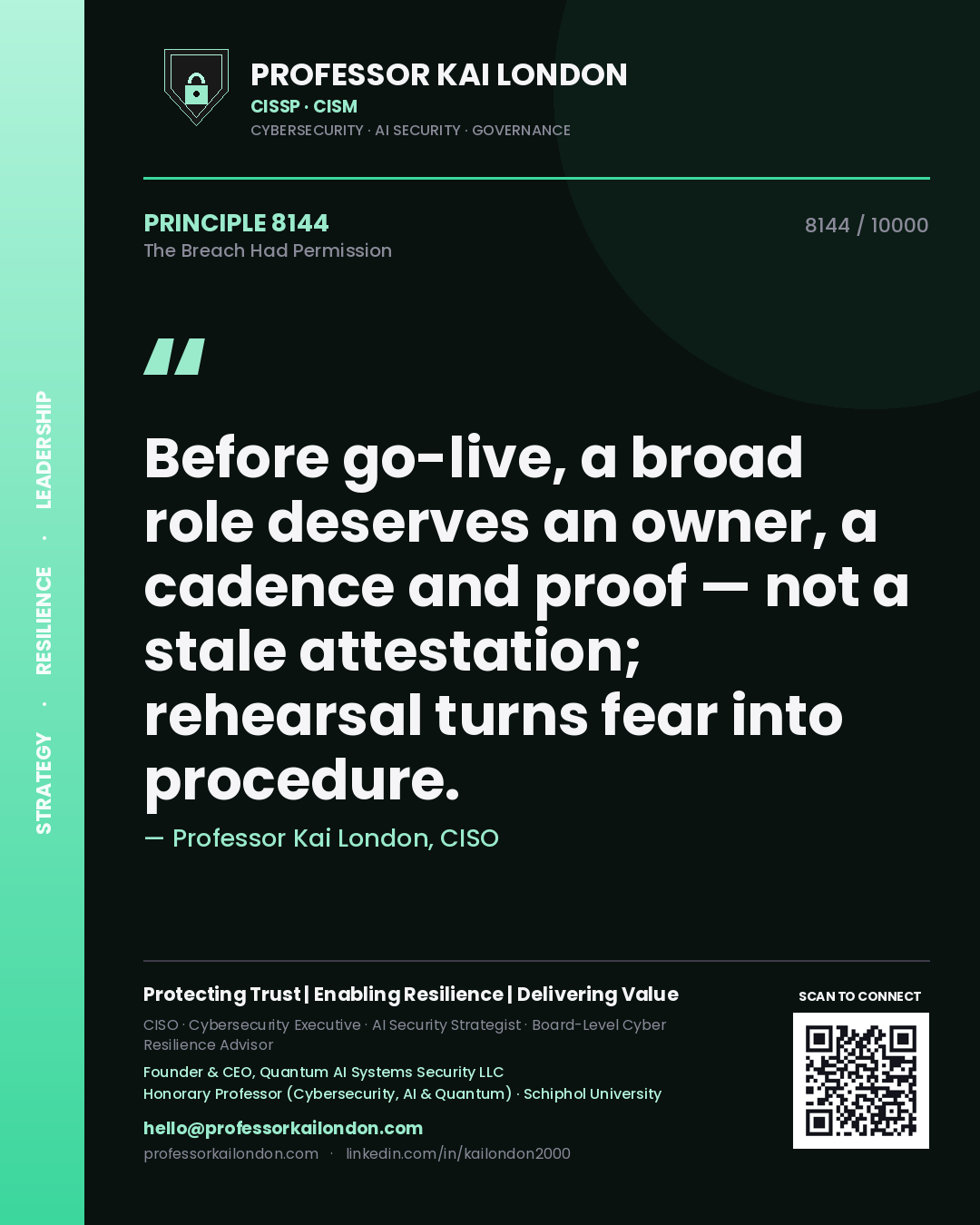 Professor Kai London principle 8144: Before go-live, a broad role deserves an owner, a cadence and proof — not a stale attestation; rehearsal turns fear into procedure.