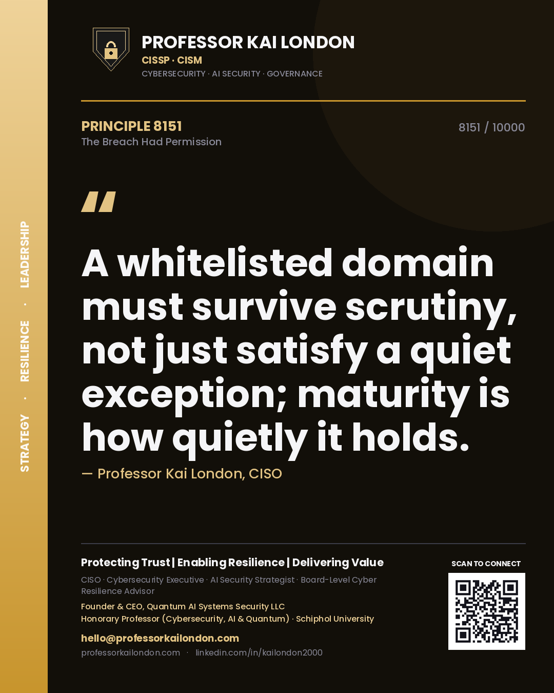Professor Kai London principle 8151: A whitelisted domain must survive scrutiny, not just satisfy a quiet exception; maturity is how quietly it holds.