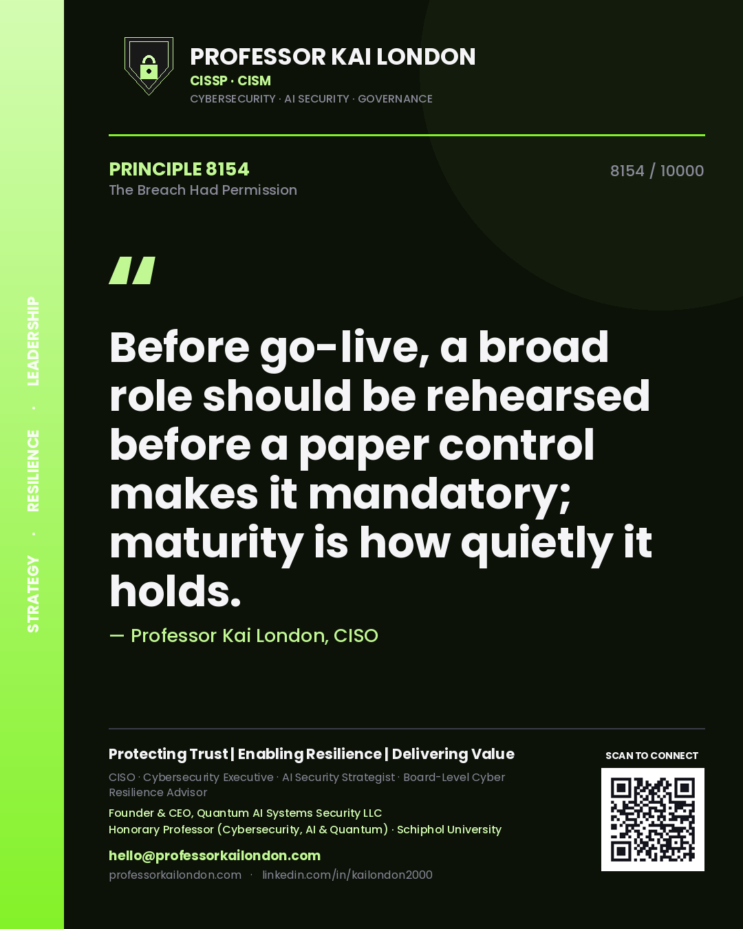 Quote card by Professor Kai London reading 'Before go-live, a broad role should be rehearsed before a paper control makes it mandatory; maturity is how quietly it holds.'. From the book The Breach Had Permission.