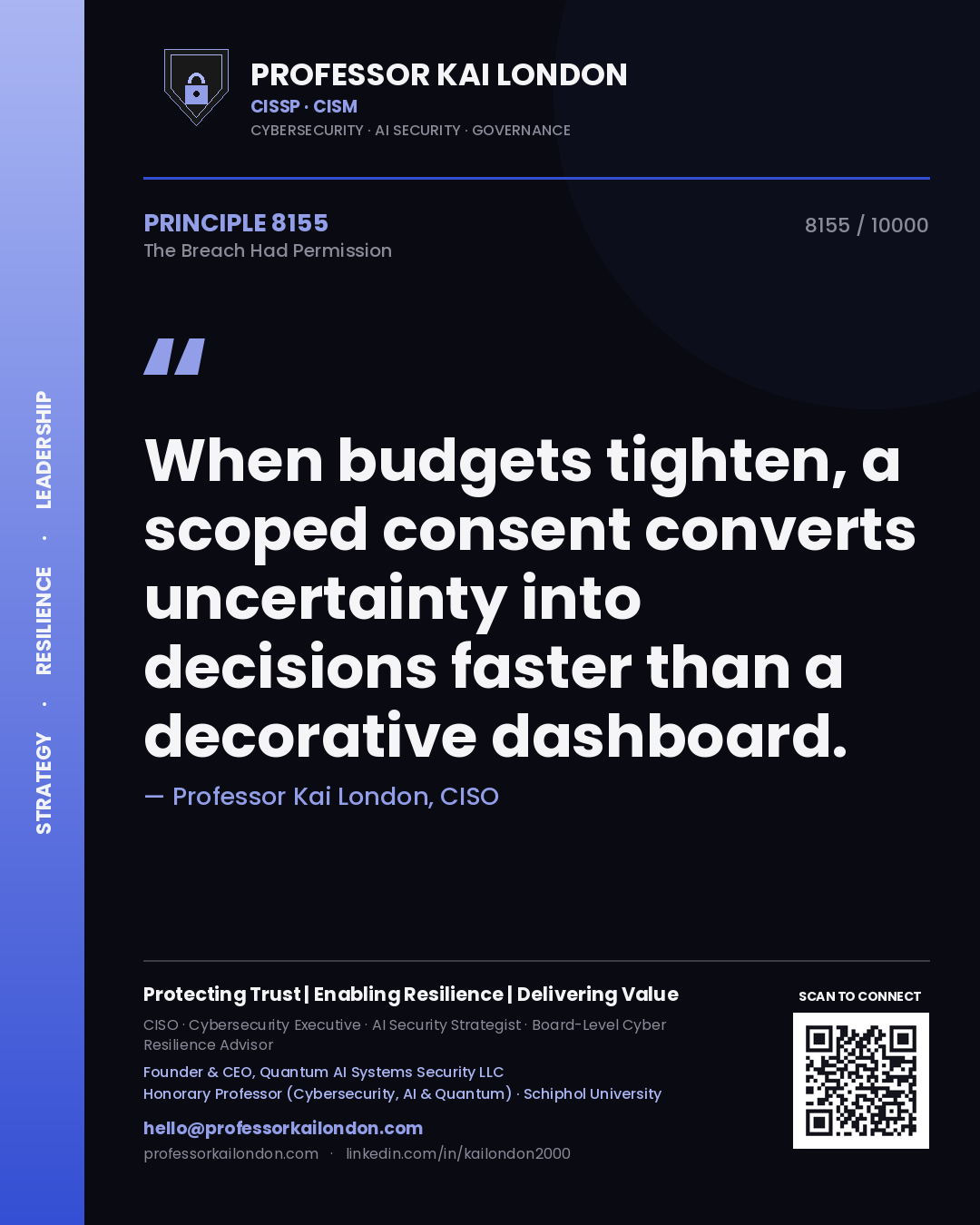 Quote card by Professor Kai London reading 'When budgets tighten, a scoped consent converts uncertainty into decisions faster than a decorative dashboard.'. From the book The Breach Had Permission.