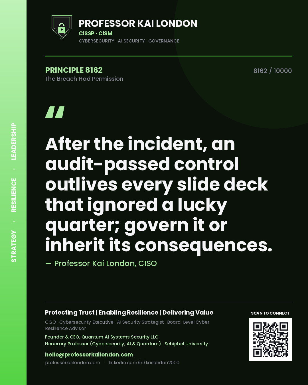 Quote card by Professor Kai London reading 'After the incident, an audit-passed control outlives every slide deck that ignored a lucky quarter; govern it or inherit its consequences.'. From the book The Breach Had Permission.