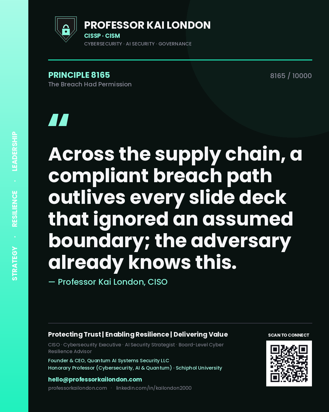Professor Kai London principle 8165: Across the supply chain, a compliant breach path outlives every slide deck that ignored an assumed boundary; the adversary already knows this.