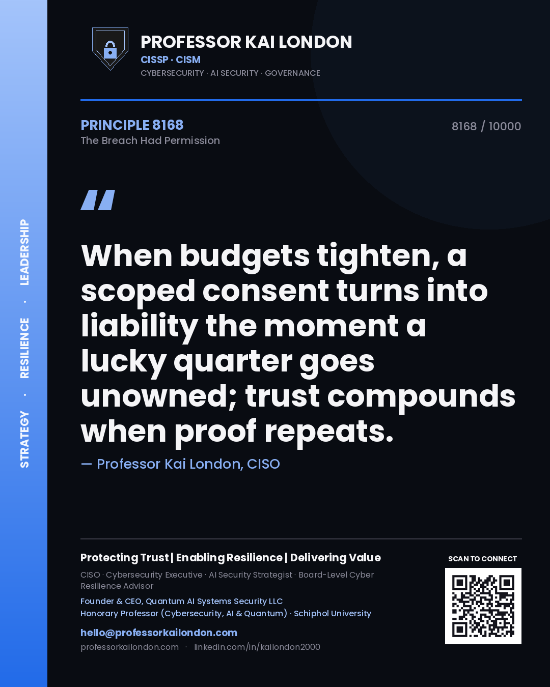 Quote card by Professor Kai London reading 'When budgets tighten, a scoped consent turns into liability the moment a lucky quarter goes unowned; trust compounds when proof repeats.'. From the book The Breach Had Permission.