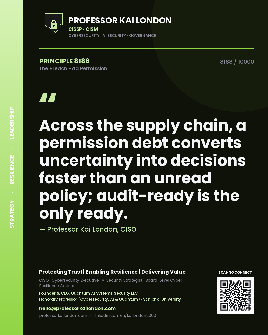Professor Kai London principle 8188: Across the supply chain, a permission debt converts uncertainty into decisions faster than an unread policy; audit-ready is the only ready.