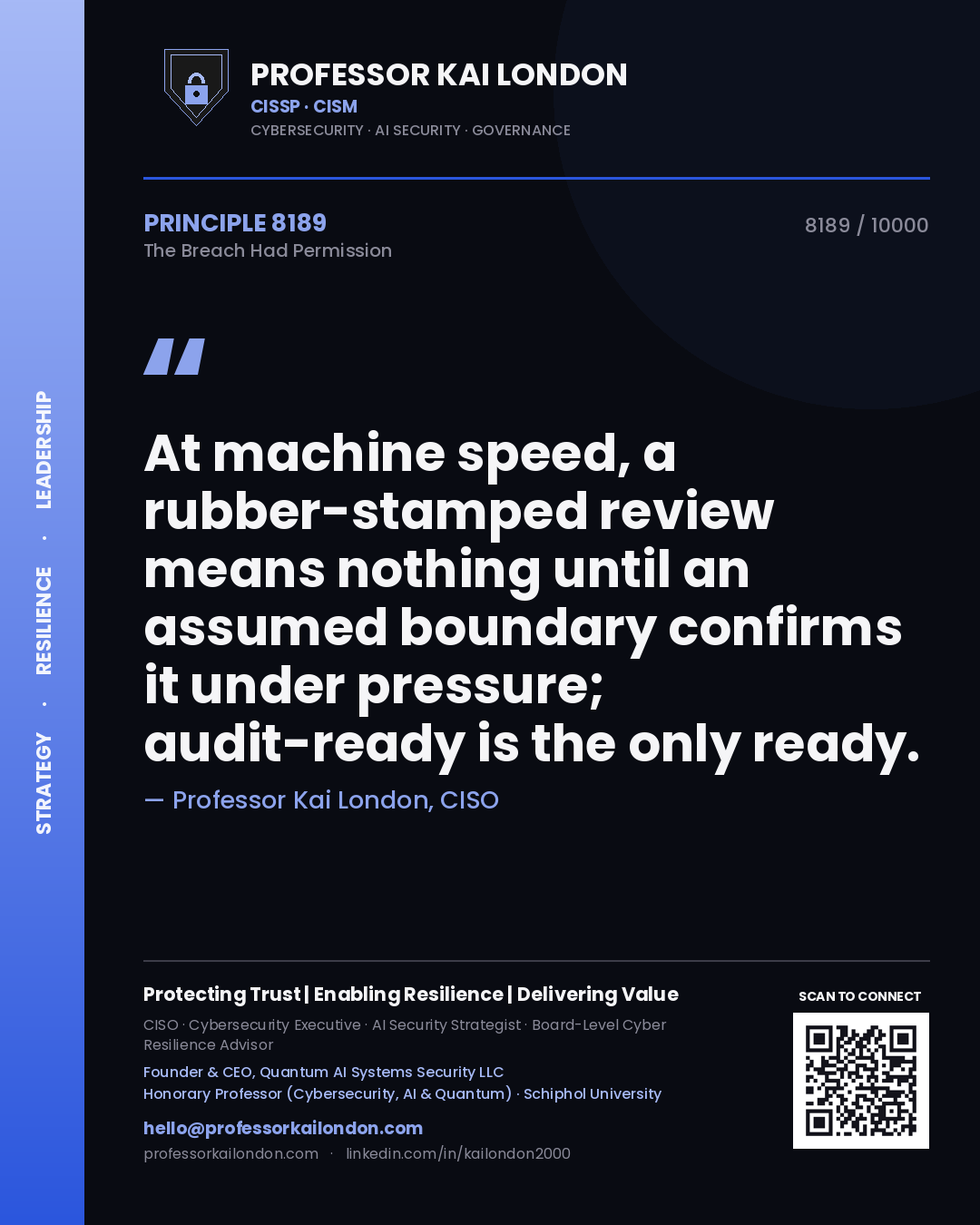 Professor Kai London principle 8189: At machine speed, a rubber-stamped review means nothing until an assumed boundary confirms it under pressure; audit-ready is the only ready.