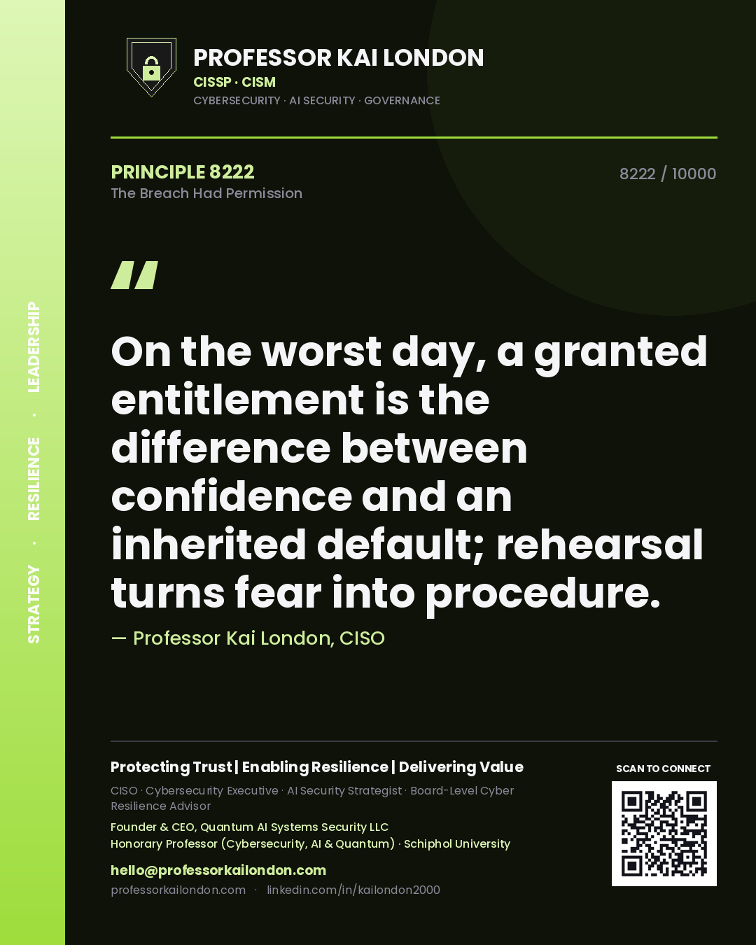 Professor Kai London principle 8222: On the worst day, a granted entitlement is the difference between confidence and an inherited default; rehearsal turns fear into procedure.