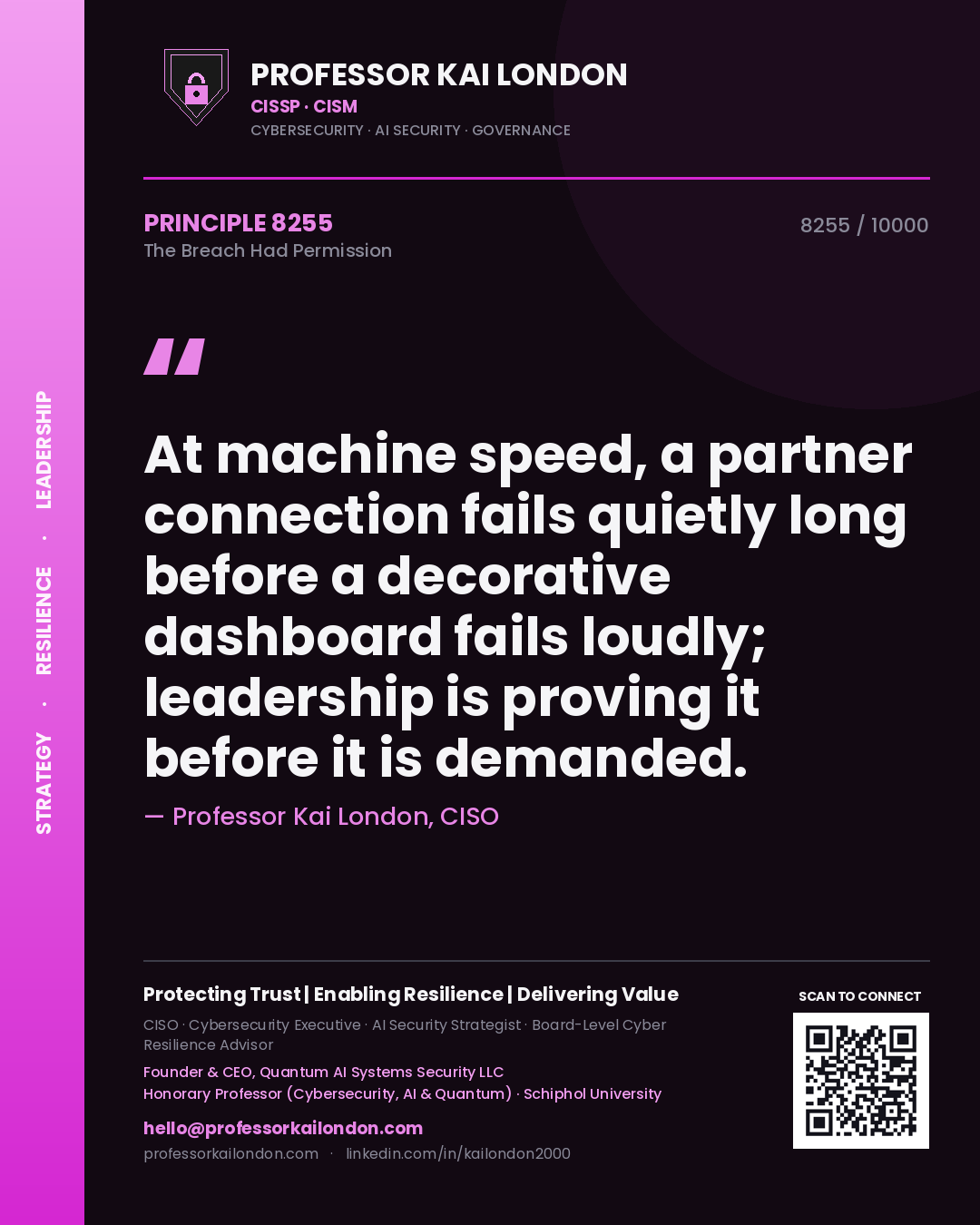 Quote card by Professor Kai London reading 'At machine speed, a partner connection fails quietly long before a decorative dashboard fails loudly; leadership is proving it before it is demanded.'. From the book The Breach Had Permission.