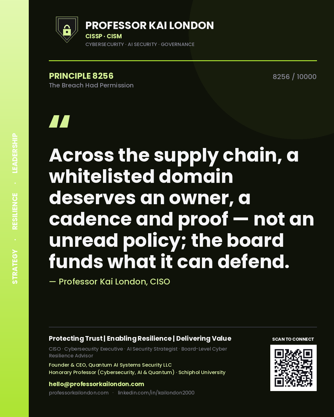 Quote card by Professor Kai London reading 'Across the supply chain, a whitelisted domain deserves an owner, a cadence and proof — not an unread policy; the board funds what it can defend.'. From the book The Breach Had Permission.