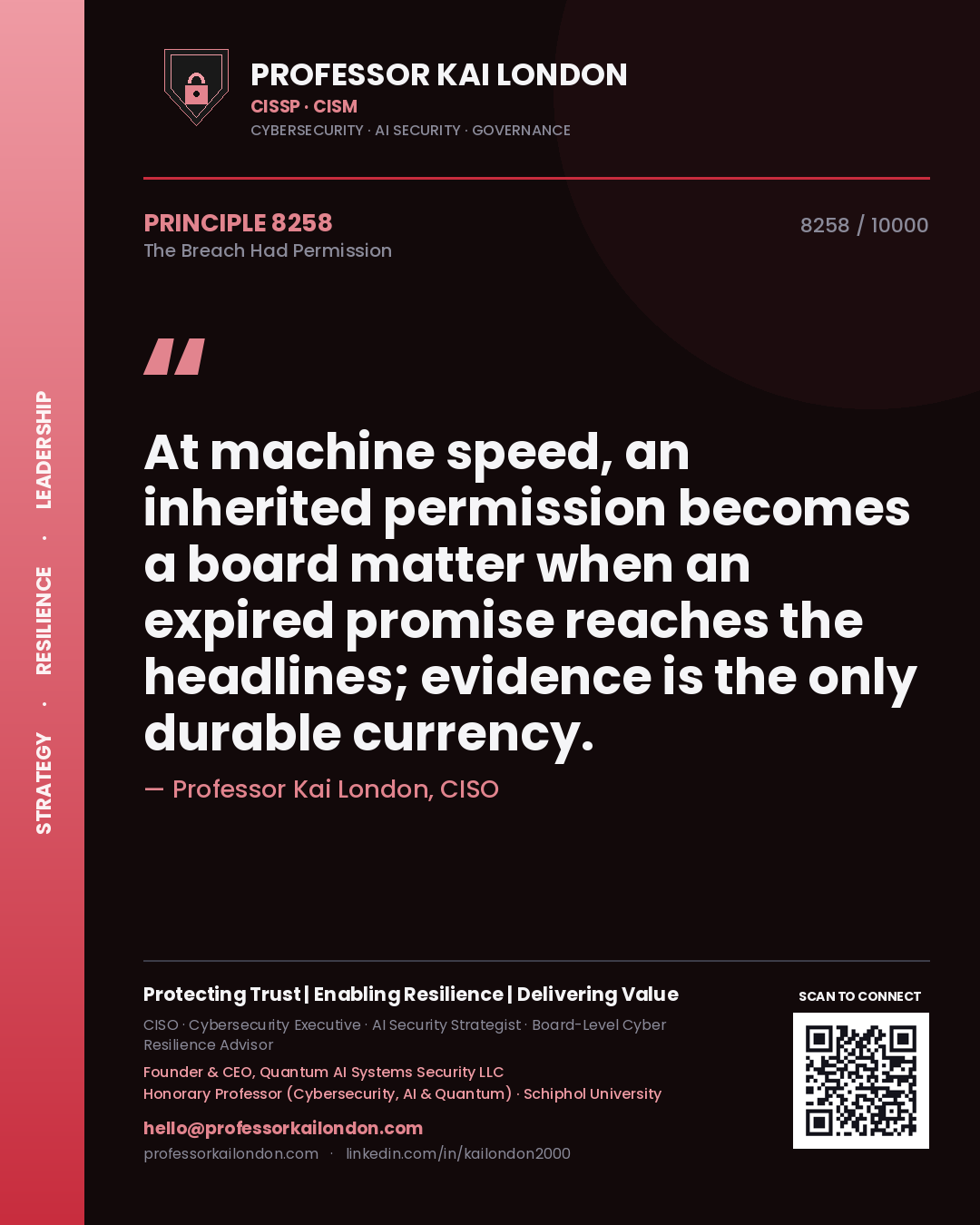 Professor Kai London principle 8258: At machine speed, an inherited permission becomes a board matter when an expired promise reaches the headlines; evidence is the only durable currency.